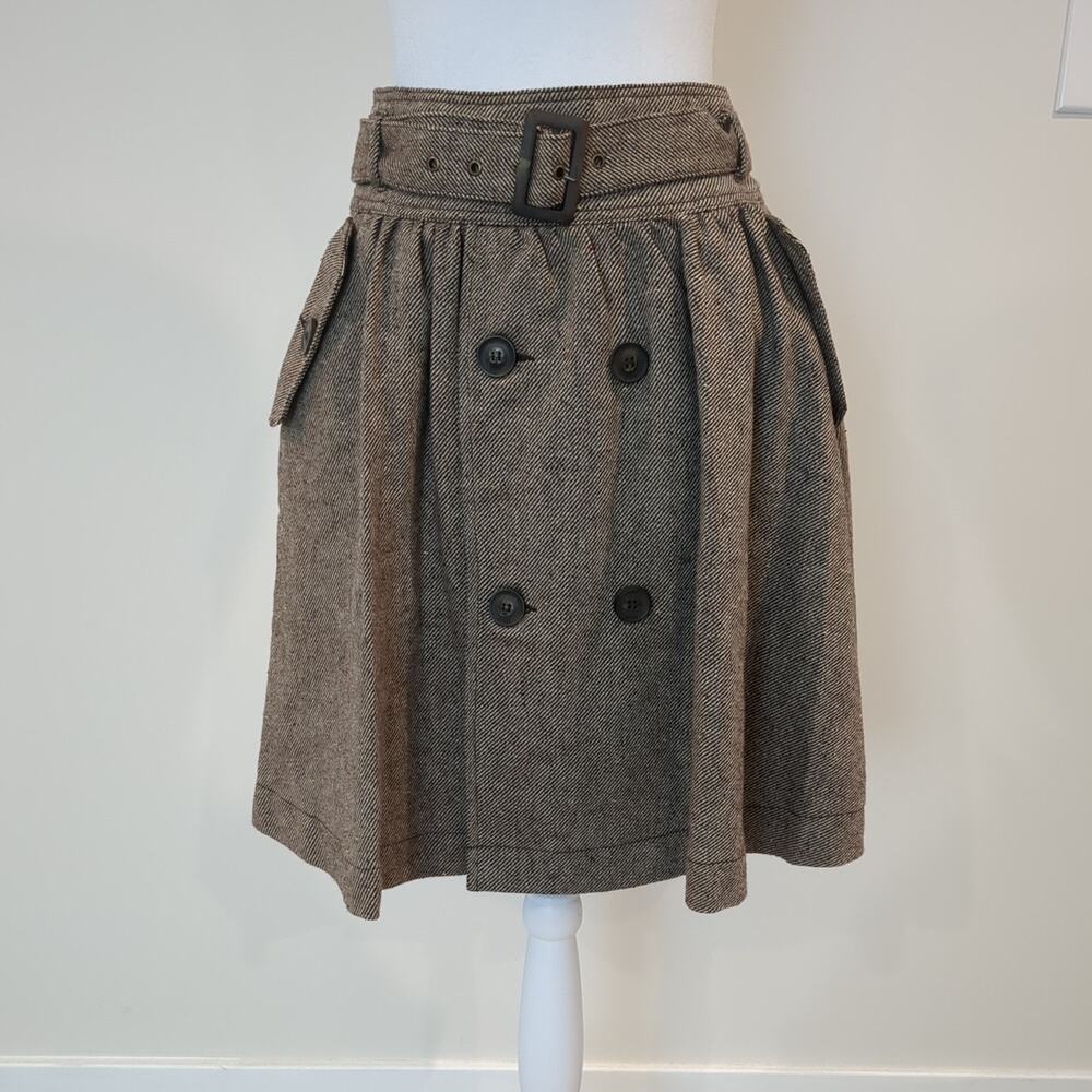 Mango Womens 6 Brown Herringbone A-Line Short Skirt Pockets Zip Belt Buttons